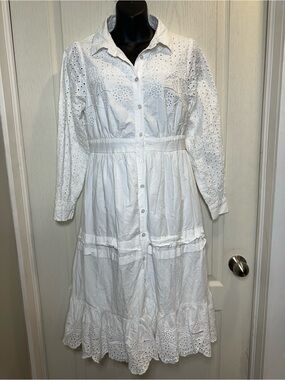 White Eyelet Button-Front Midi Dress with Long Sleeves szS | boho prairie girly